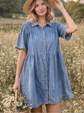 Denim Babydoll Dress Pleated Yoke Button Front Blue Size XL Cotton